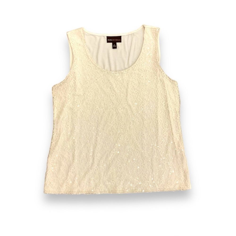 Dana Buchman Cream Sequin Lace Front Tank Ladies LARGE NWOT